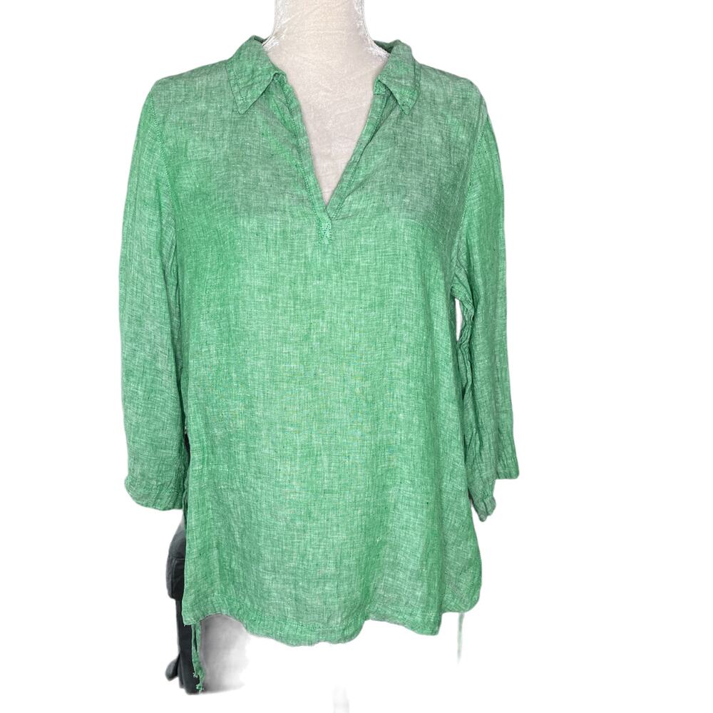 Isaac Mizrahi NY Linen Top Green Large LS Side Hem Ties